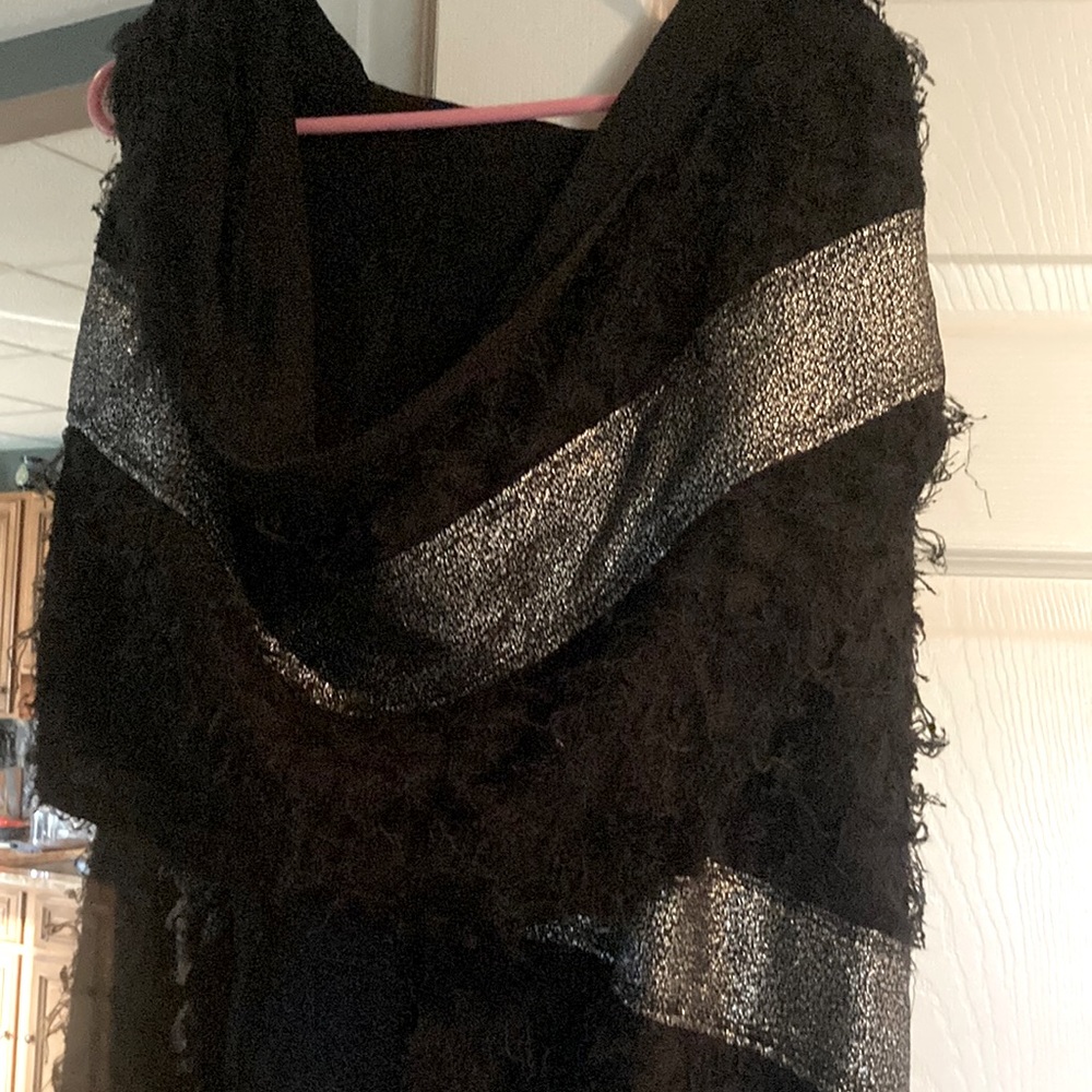 One size fits all black hooded vest with asymmetrical bottom, wrap around scarf